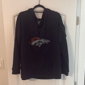 Black V neck Hoodie with Rhinestone Bronco